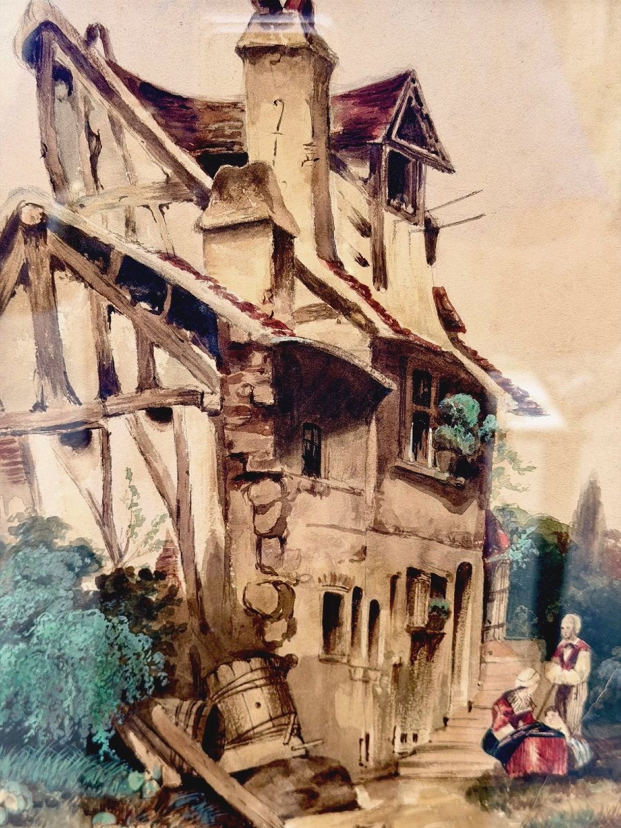 Tableau aquarelle sur papier, France 19 ème   -photo-2