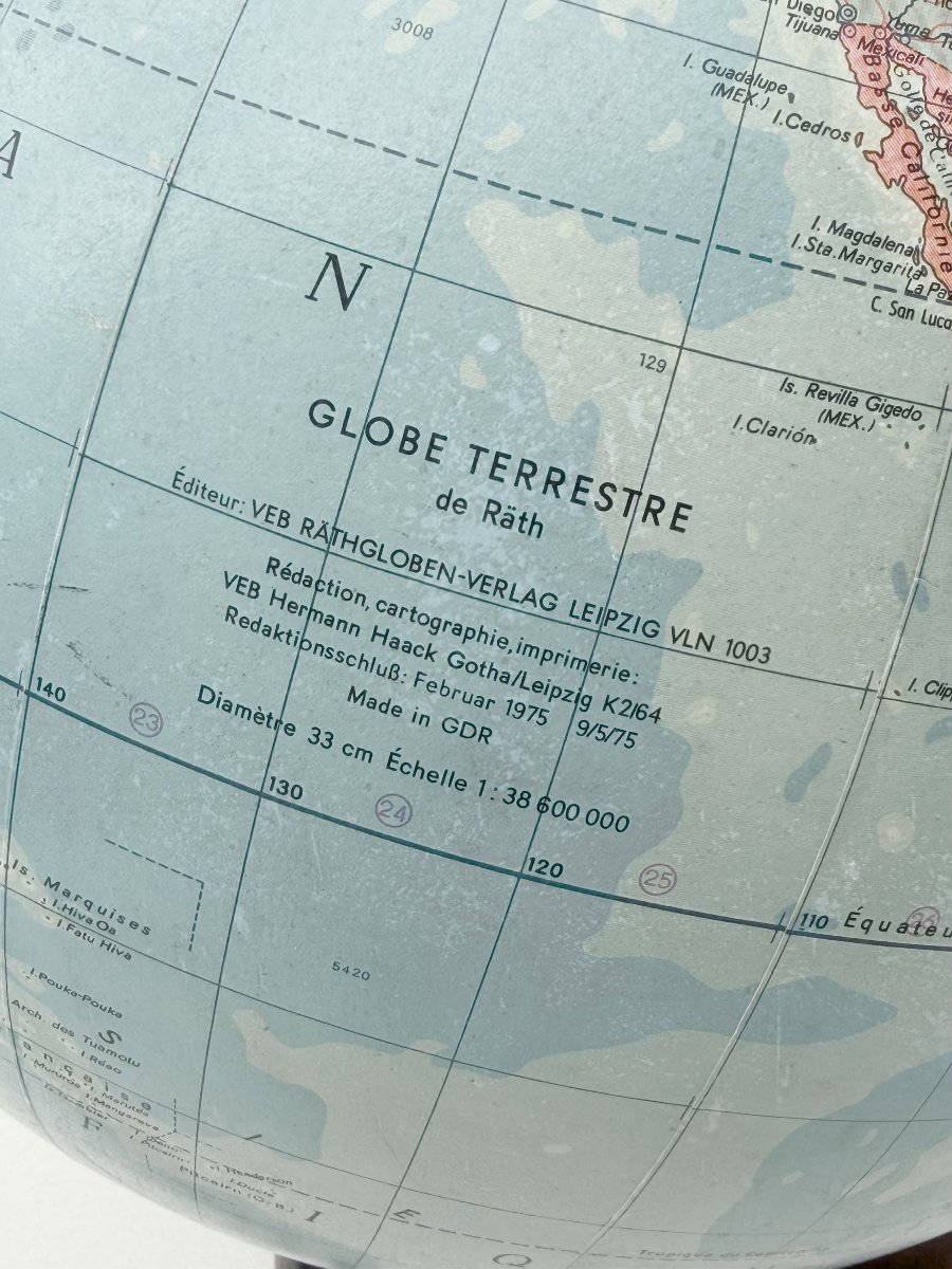 Globe terrestre lumineux de RÄTH en verre, bois et métal, Allemagne 1975 -photo-3
