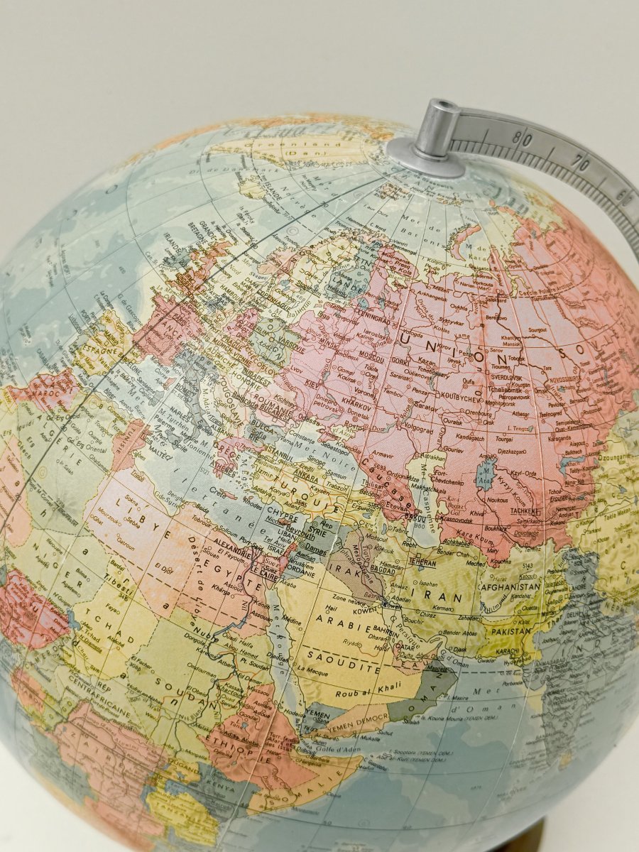 Globe terrestre lumineux de RÄTH en verre, bois et métal, Allemagne 1975 -photo-1