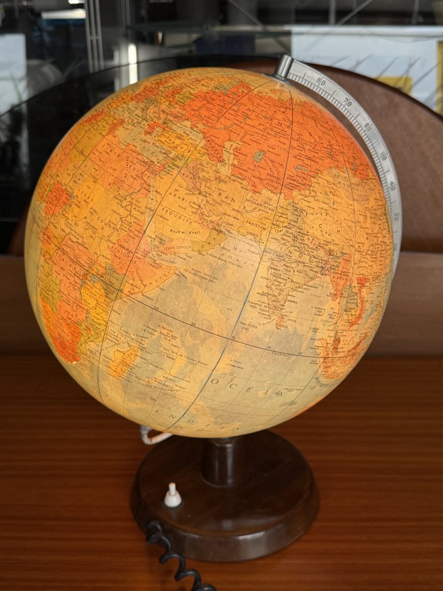 Globe terrestre lumineux de RÄTH en verre, bois et métal, Allemagne 1975 -photo-2