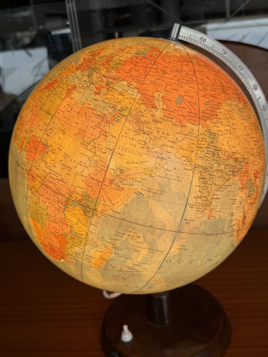 Globe terrestre lumineux de RÄTH en verre, bois et métal, Allemagne 1975 -photo-5