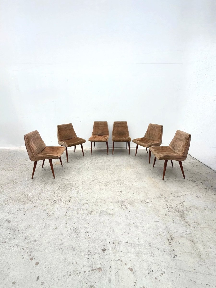 Set Of Six Chairs By Robert Debieve, Made Of Wood And Fabric, France, 1950