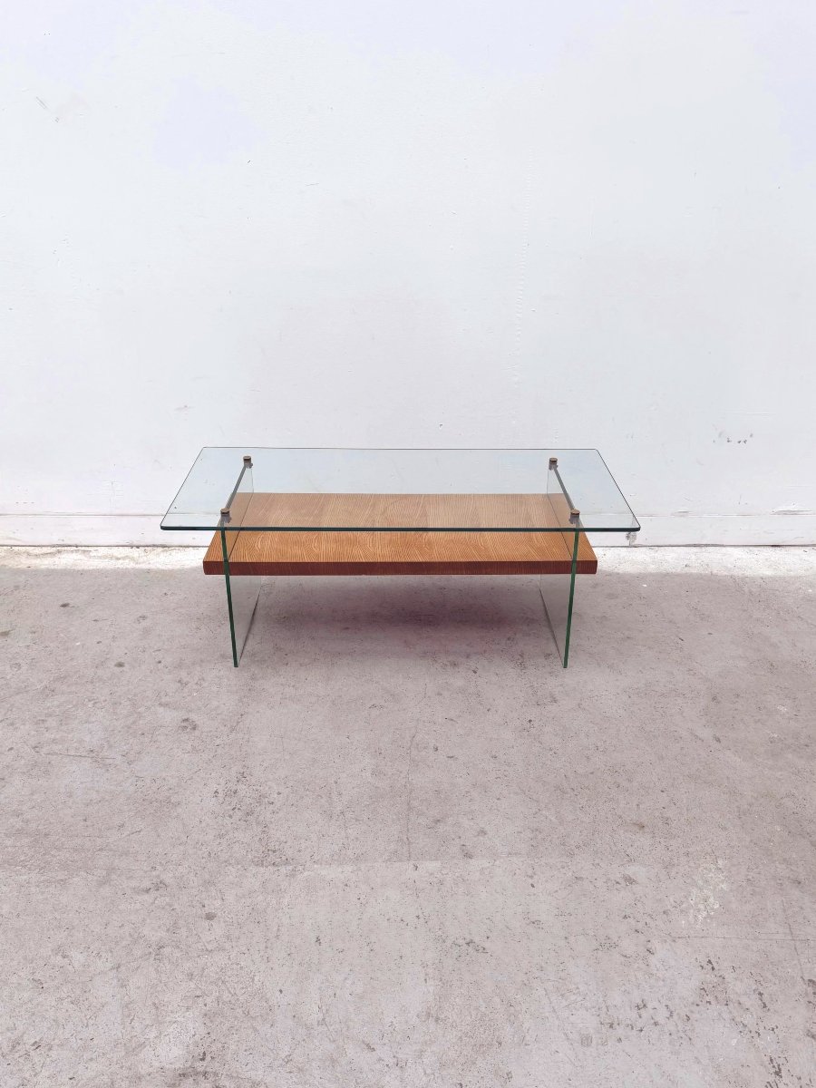 Table basse de Robert DEBIEVE en placage Frêne, verre et laiton, France 1950 -photo-4