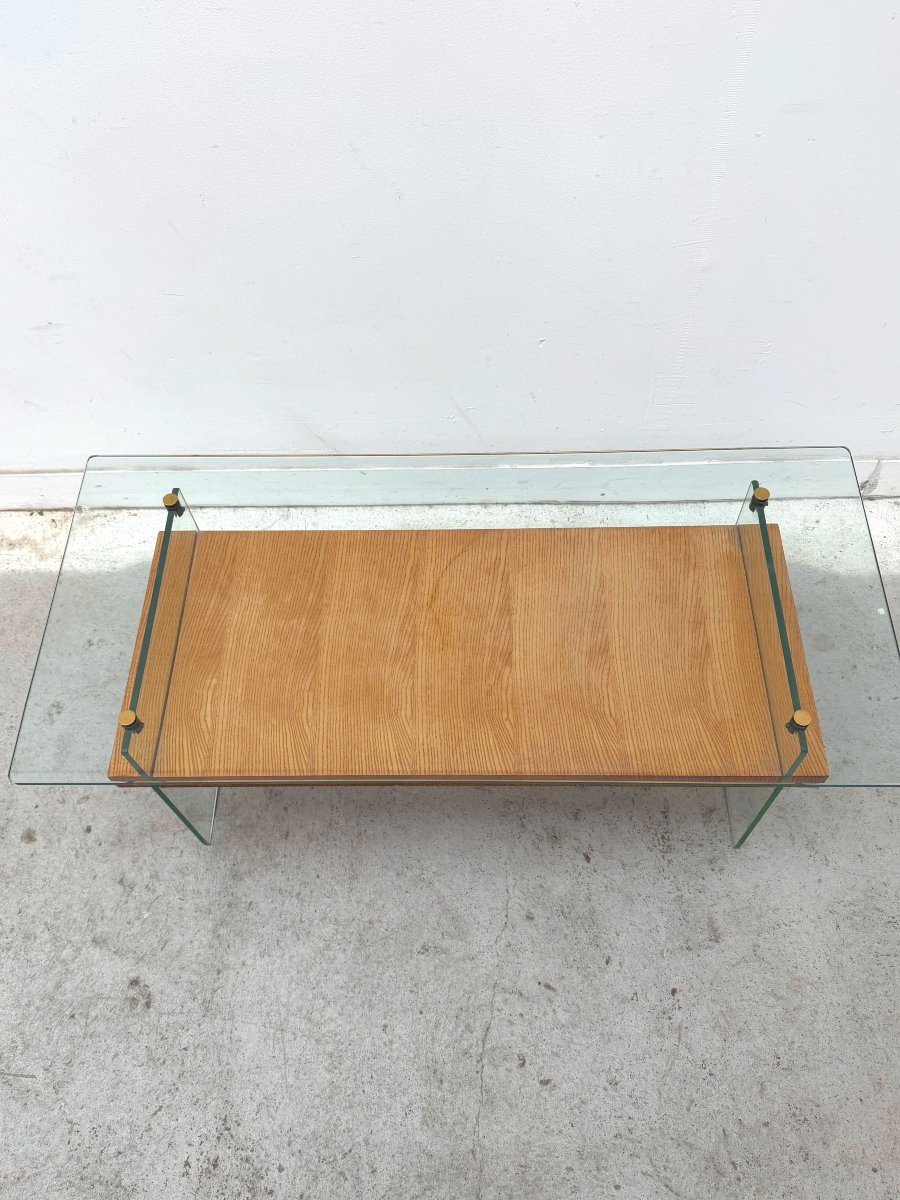 Table basse de Robert DEBIEVE en placage Frêne, verre et laiton, France 1950 -photo-1