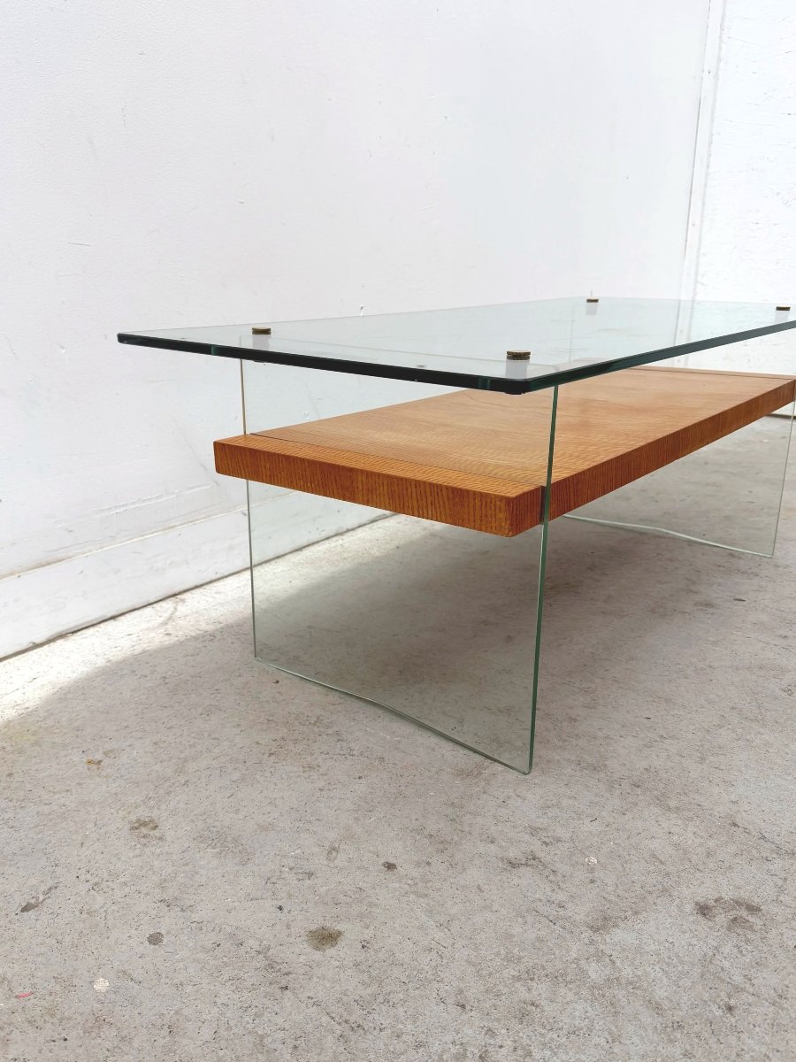 Table basse de Robert DEBIEVE en placage Frêne, verre et laiton, France 1950 -photo-2