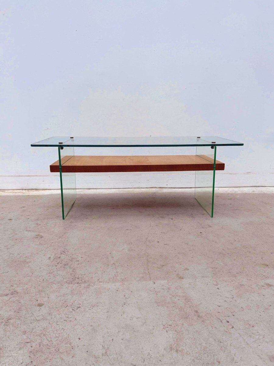 Table basse de Robert DEBIEVE en placage Frêne, verre et laiton, France 1950 -photo-3