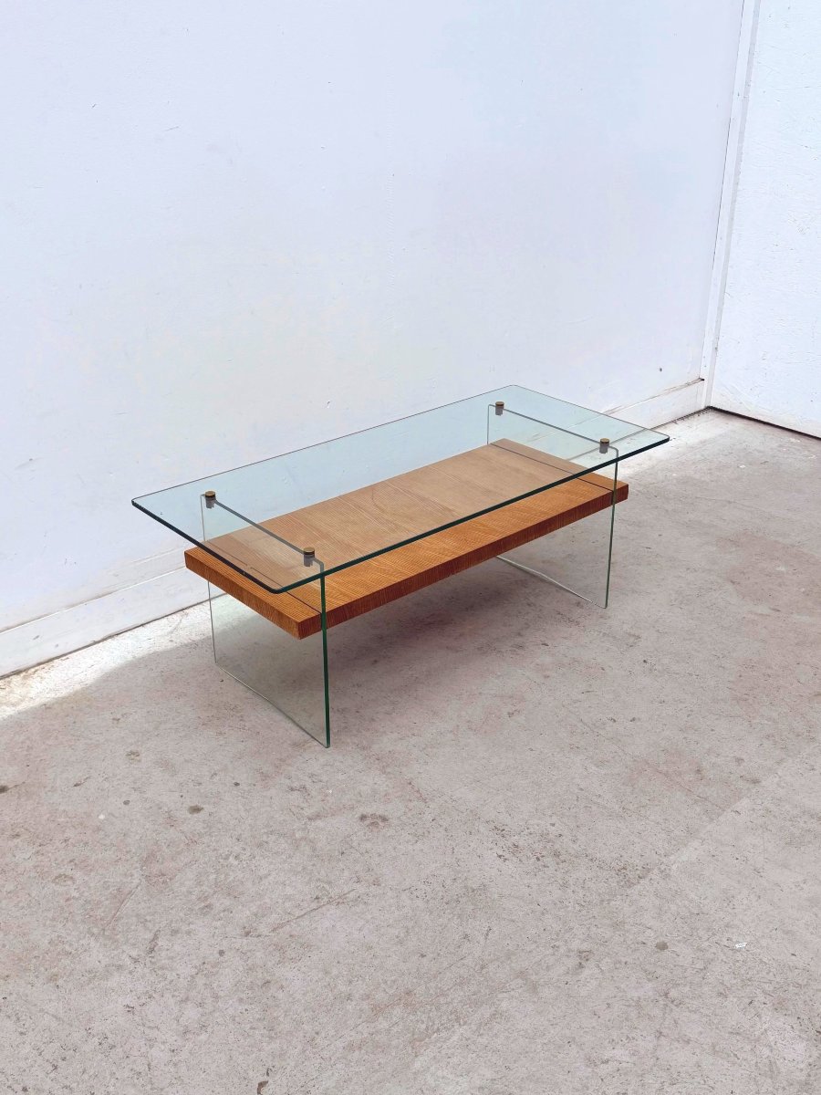Table basse de Robert DEBIEVE en placage Frêne, verre et laiton, France 1950 -photo-4