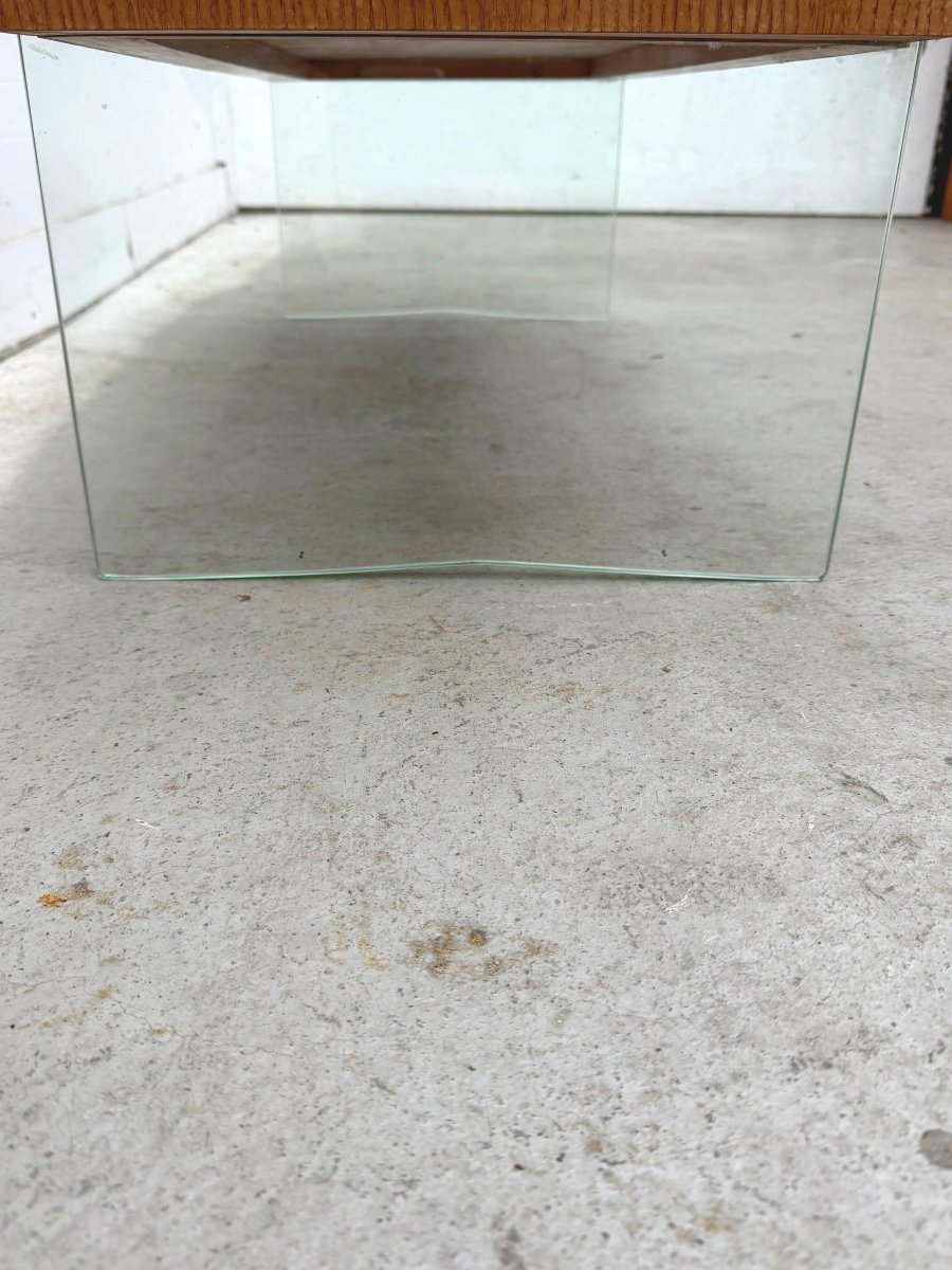 Table basse de Robert DEBIEVE en placage Frêne, verre et laiton, France 1950 -photo-5