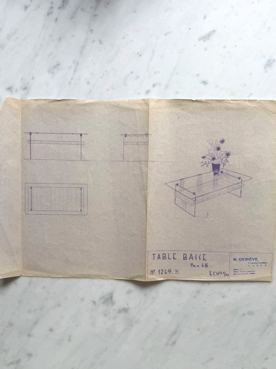 Table basse de Robert DEBIEVE en placage Frêne, verre et laiton, France 1950 -photo-7