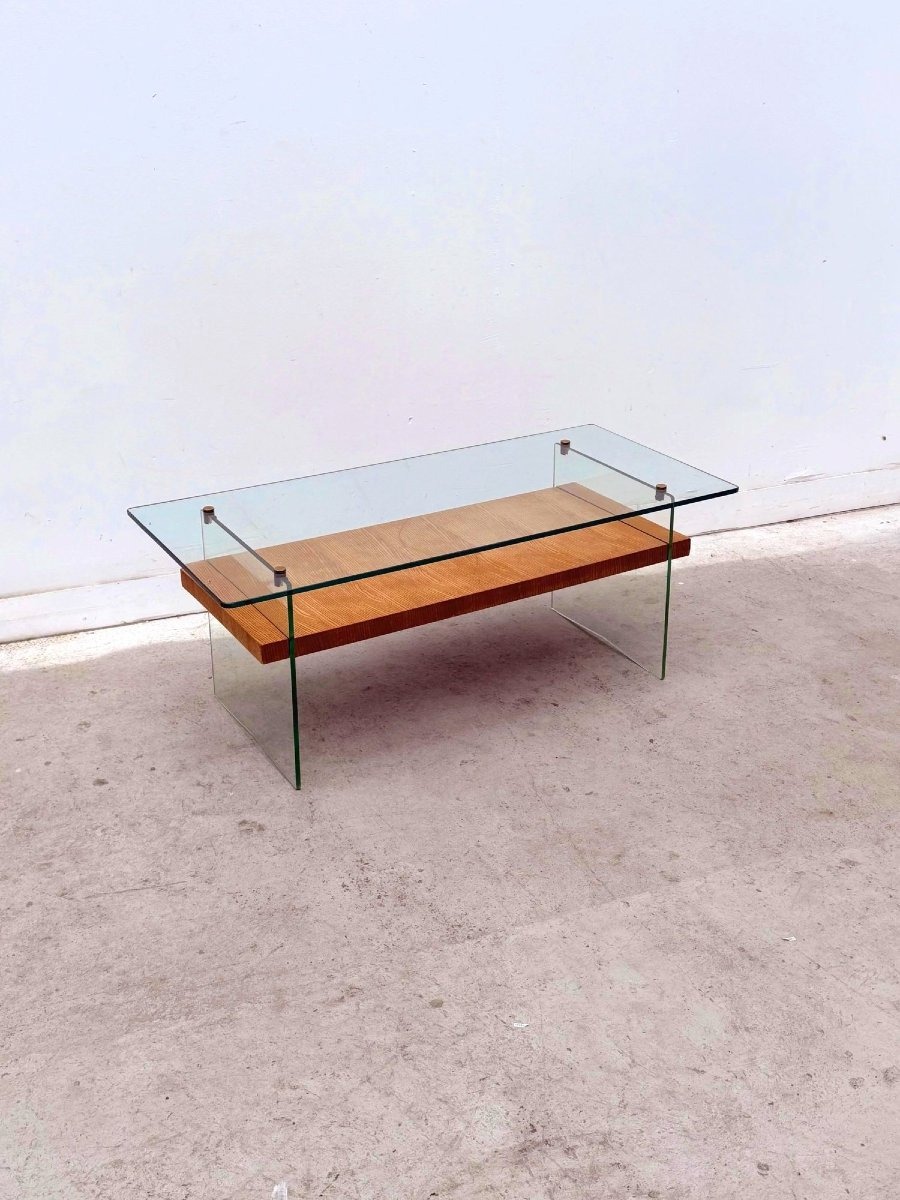 Table basse de Robert DEBIEVE en placage Frêne, verre et laiton, France 1950 