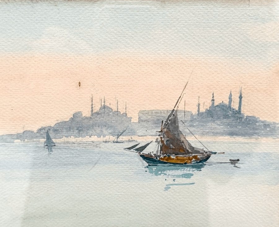 Peinture aquarelle sur papier "vue d'Istambul", vers 1930-photo-2