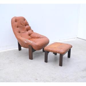 Fauteuil Et Ottoman De Jean Gillon Pour Probel En Cuir Et Teck, Brésil 1970  