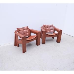 Paire De Fauteuils En Cèdre Du Liban Massif, 1990  