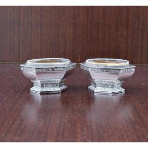 Salière & Poivrière 19 ème En Argent Massif, Vermeil Et Verre, Napoleon III  