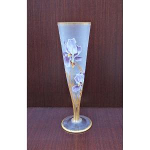 Vase Cornet "iris"  Art Nouveau De Montjoye En Verre Effet Givré, France 1900  
