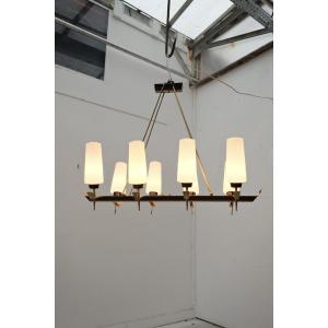 Lustre En Laiton Et Opaline, France 1950