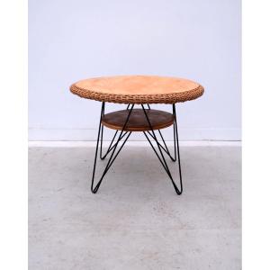 Table Basse En Rotin Et Métal, France 1950  