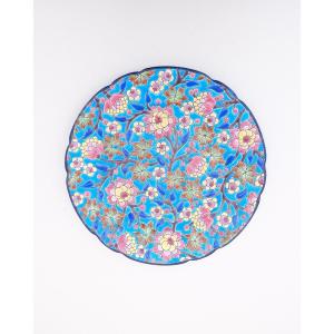 Longwy Earthenware Plate With Floral Decoration In Polychrome Enamels On A Sky Blue Background 