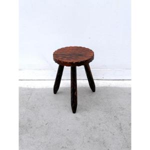 Tabouret brutaliste en bois massif, Espagne 1970  