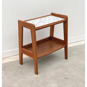 Table d'appoint en bois et céramique, France 1950