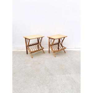 Paire de tables de chevet en rotin, France 1960