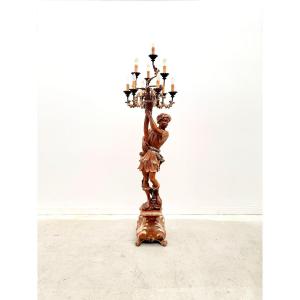 Lampadaire porte torchère "Nubien" en bois sculpté doré, Venise 1970