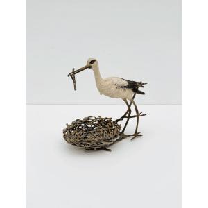 Bronze Sculpture Titled "stork Building A Nest," From Vienna, Austria, 19th Century