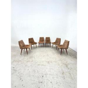 Set Of Six Chairs By Robert Debieve, Made Of Wood And Fabric, France, 1950