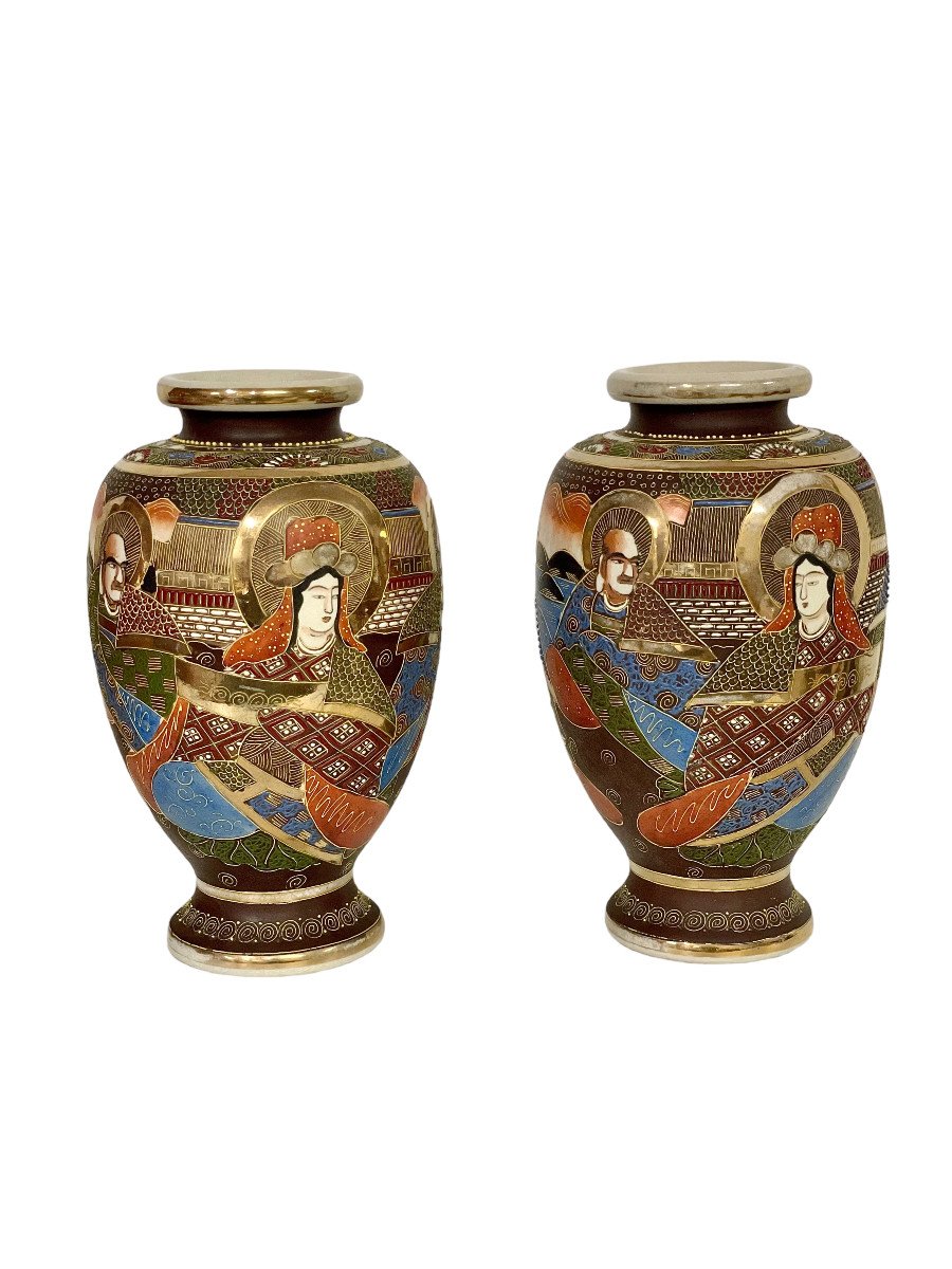 Pair Of Japanese Satsuma 'moriage' Vases With 'immortals' Design