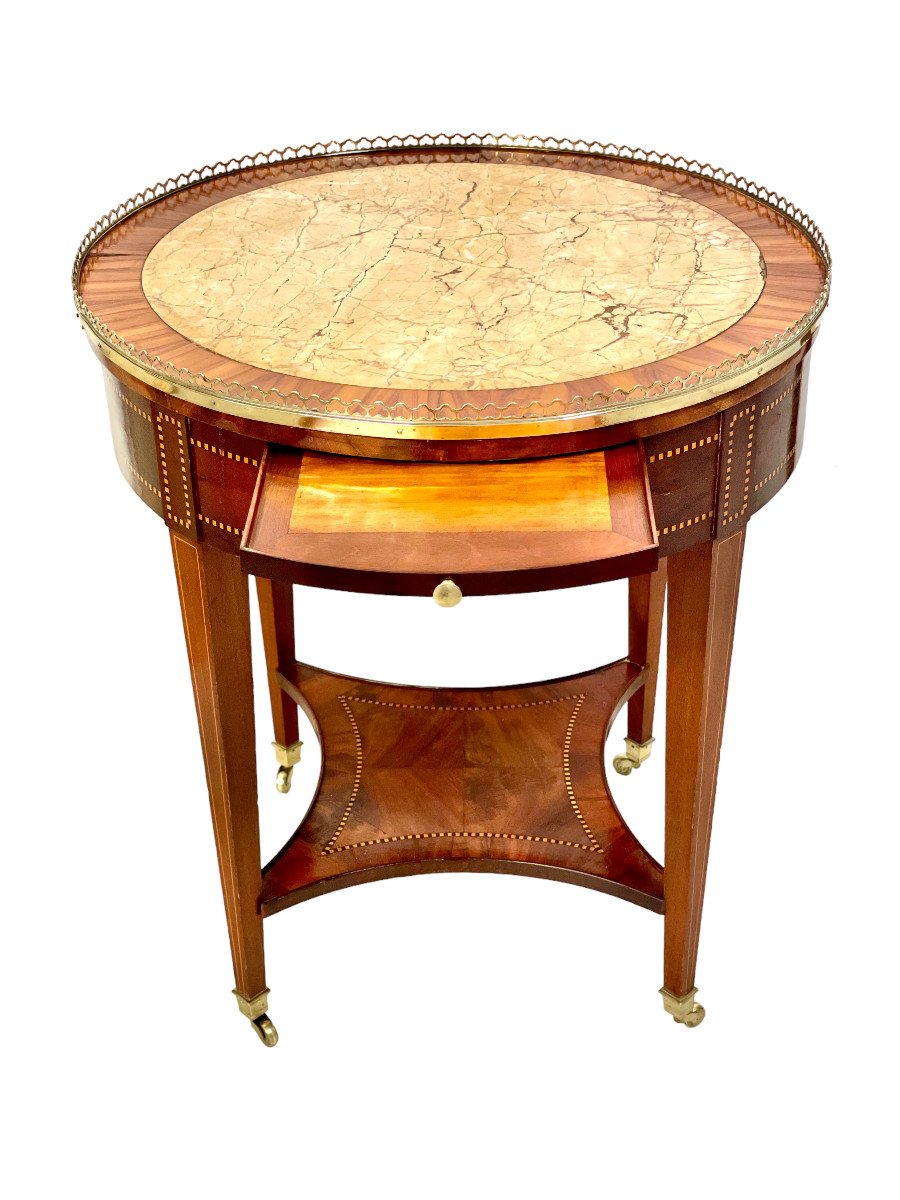 Guéridon ou Table Bouillote du 19ème siècle en Marquèterie et Plateau de Marbre-photo-2
