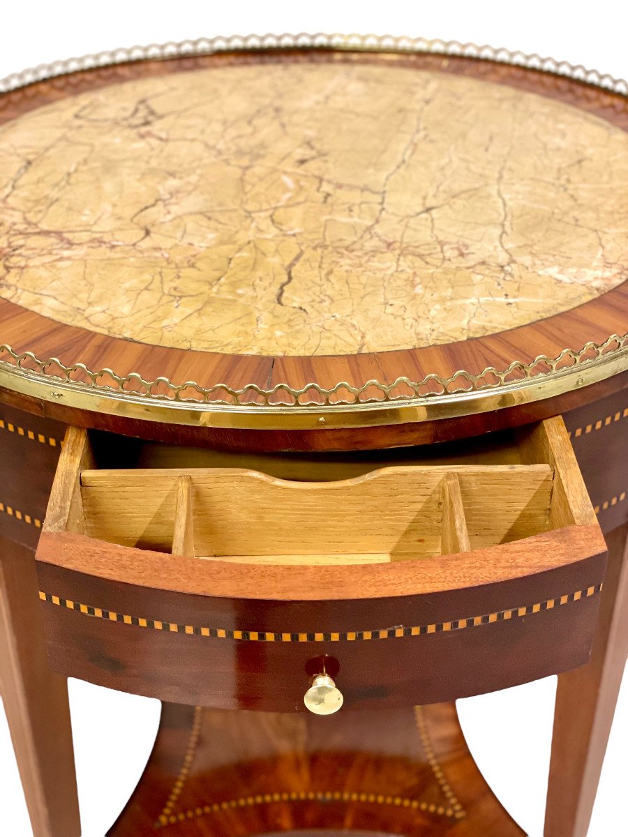 Guéridon ou Table Bouillote du 19ème siècle en Marquèterie et Plateau de Marbre-photo-1
