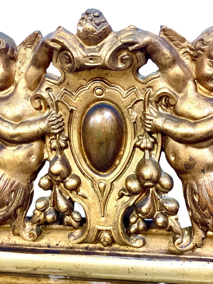 Miroir Louis Philippe en Bois Doré avec Fronton de Putti et Dauphins Sculptés-photo-1