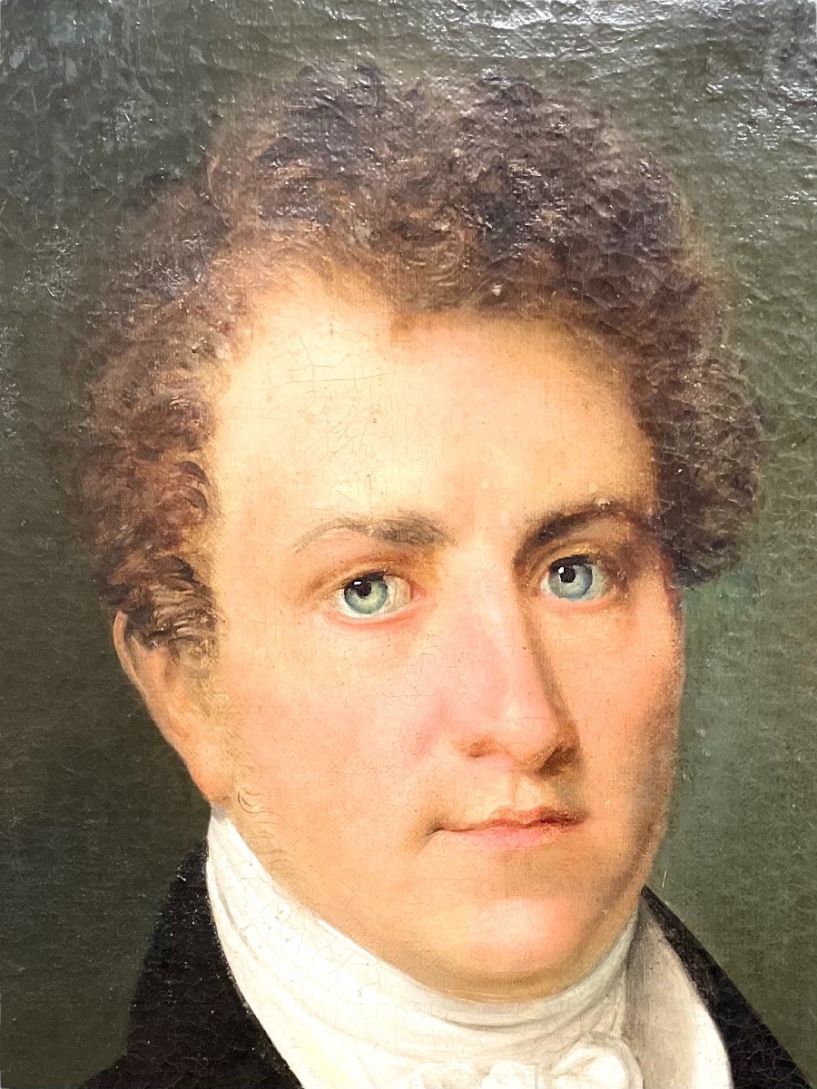 Huile sur Toile du 19ème siècle « Portrait d'Un Elegant Jeune Homme  à La Chemise Blanche »-photo-1