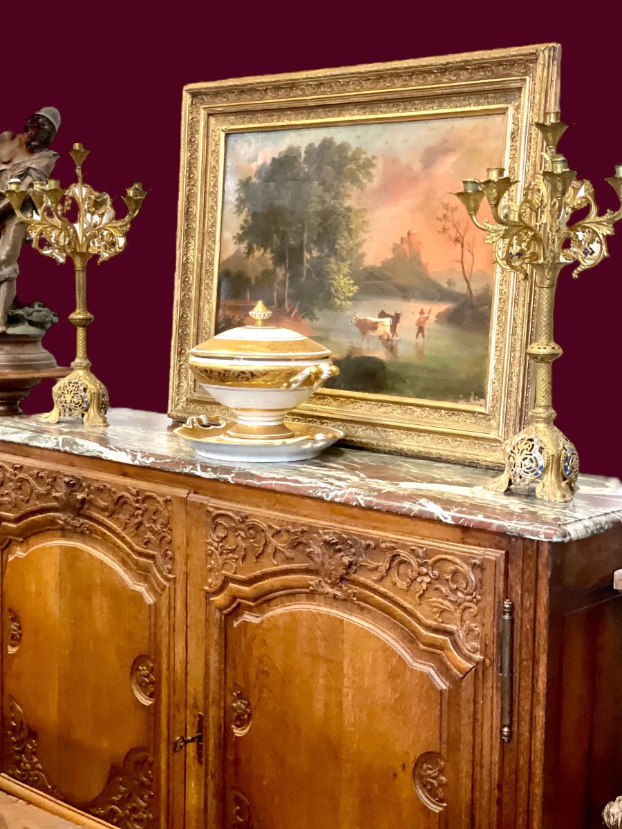 18th Century Hunting Buffet In Carved Oak And Red Veined Marble Top-photo-4