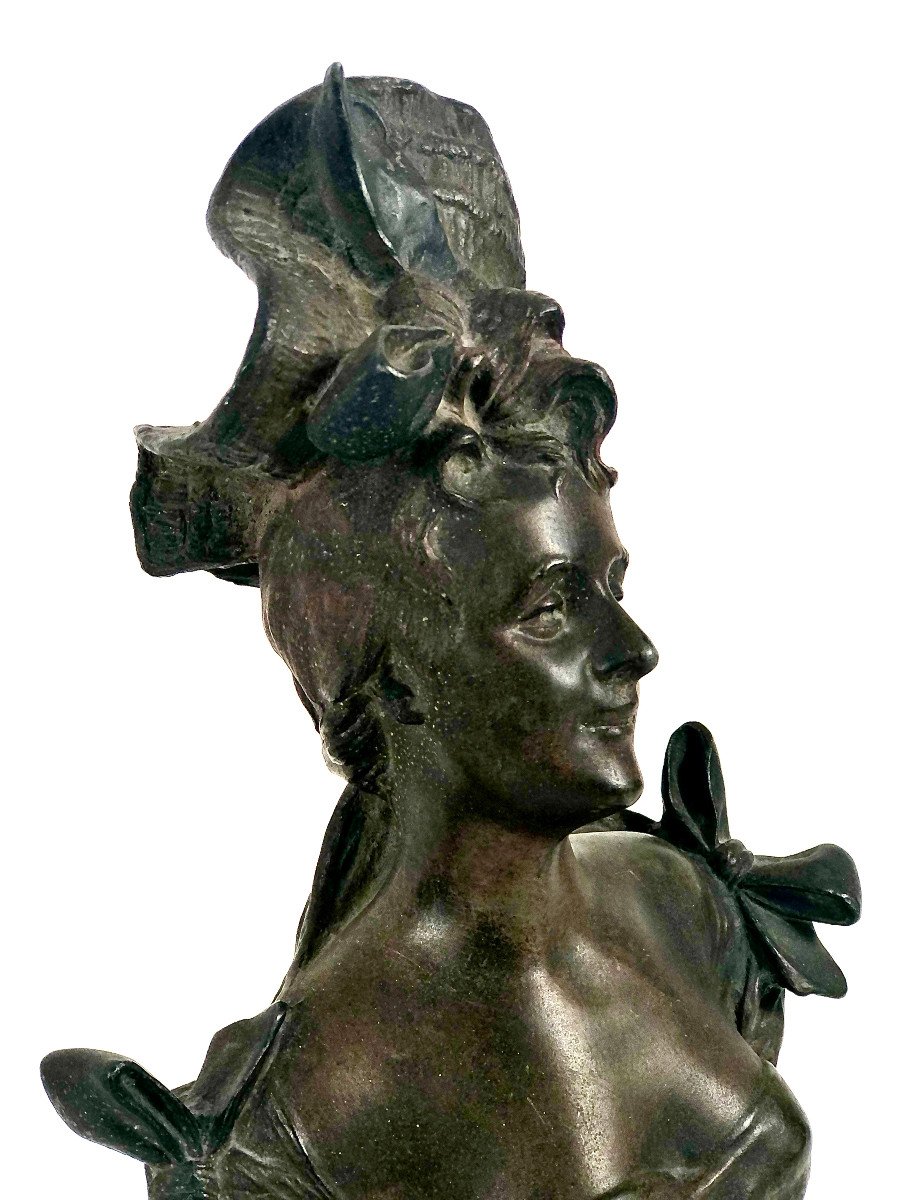 Antique Buste En Bronze Patiné d'Une élégante, XIXème France-photo-4