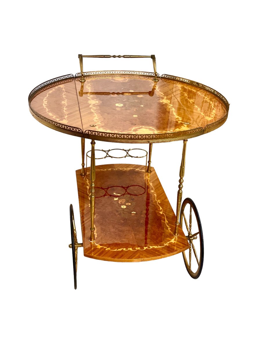 1950s Italian Drop-leaf Bar Cart With Brass And Marquetry-photo-7