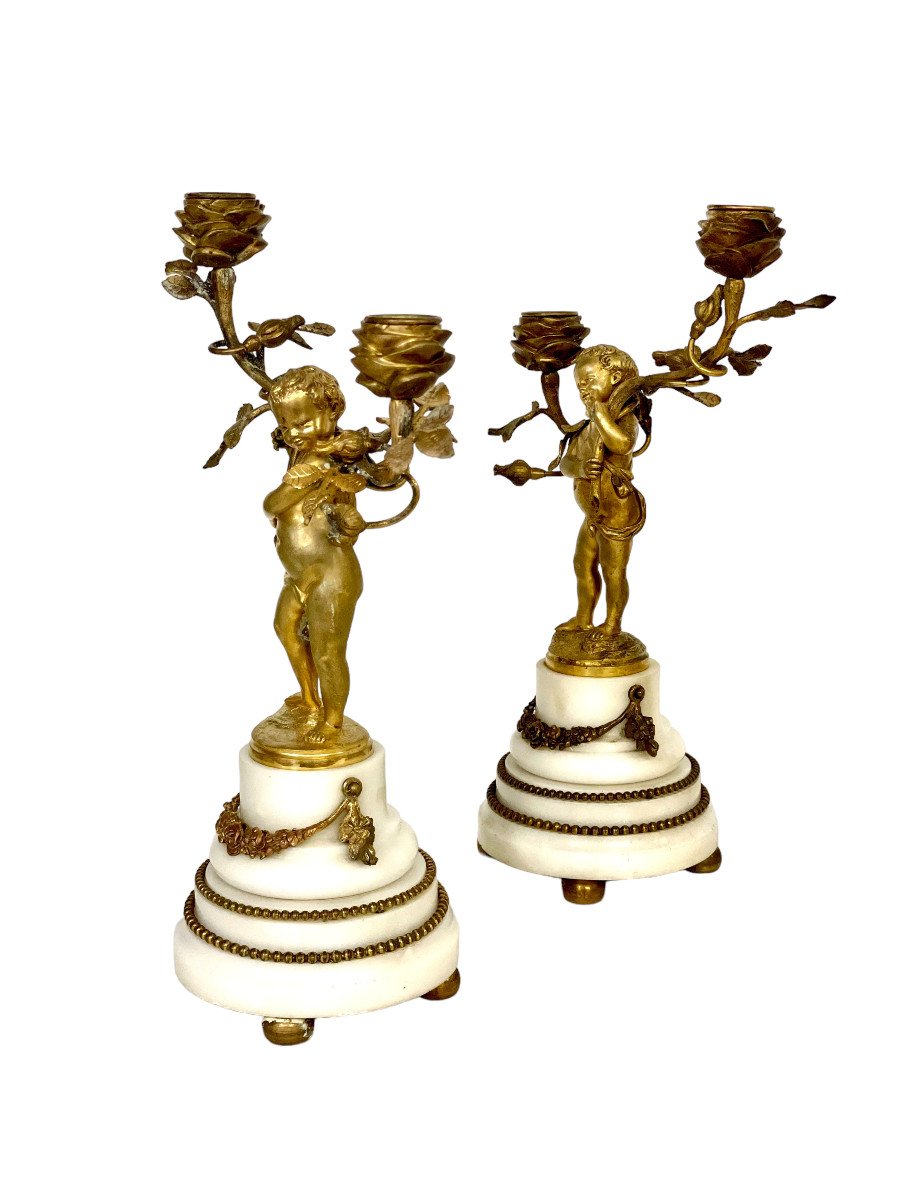 Pair Of 19th Century Gilt Bronze Candelabra With Cherubs
