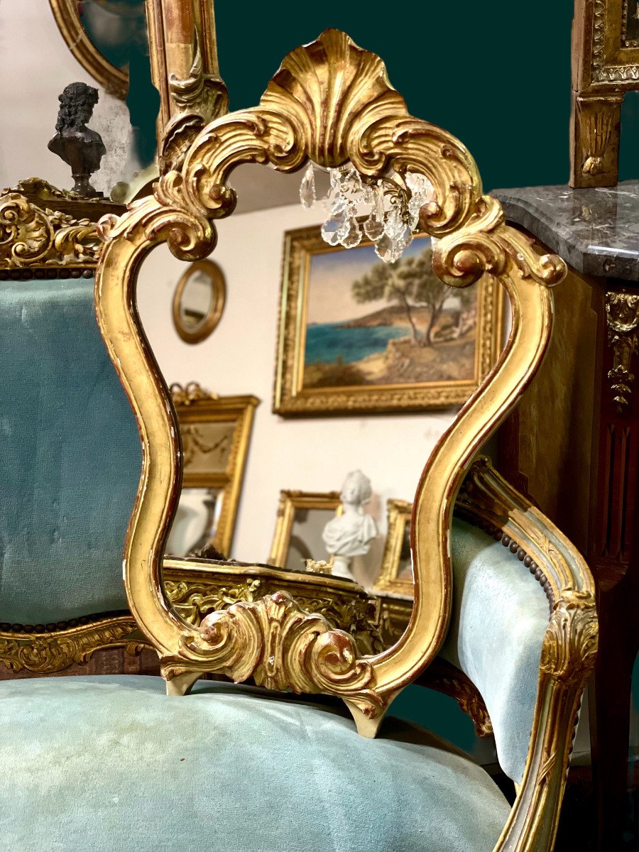 XIXème Siècle. Miroir Mural en Bois Doré de Style Rococo-photo-8