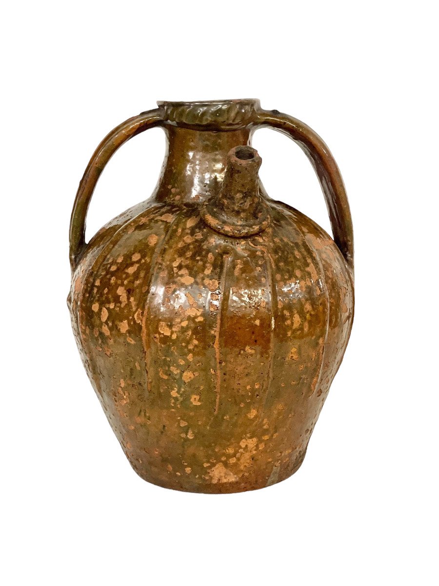 18th C. Large Glazed Terracotta Walnut Oil Jug With Two Side Handles-photo-2