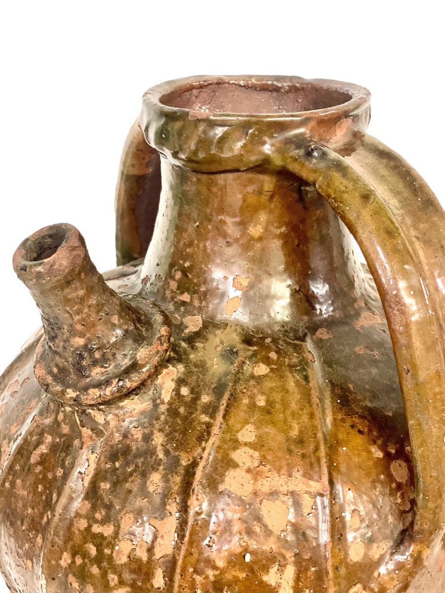 18th C. Large Glazed Terracotta Walnut Oil Jug With Two Side Handles-photo-3