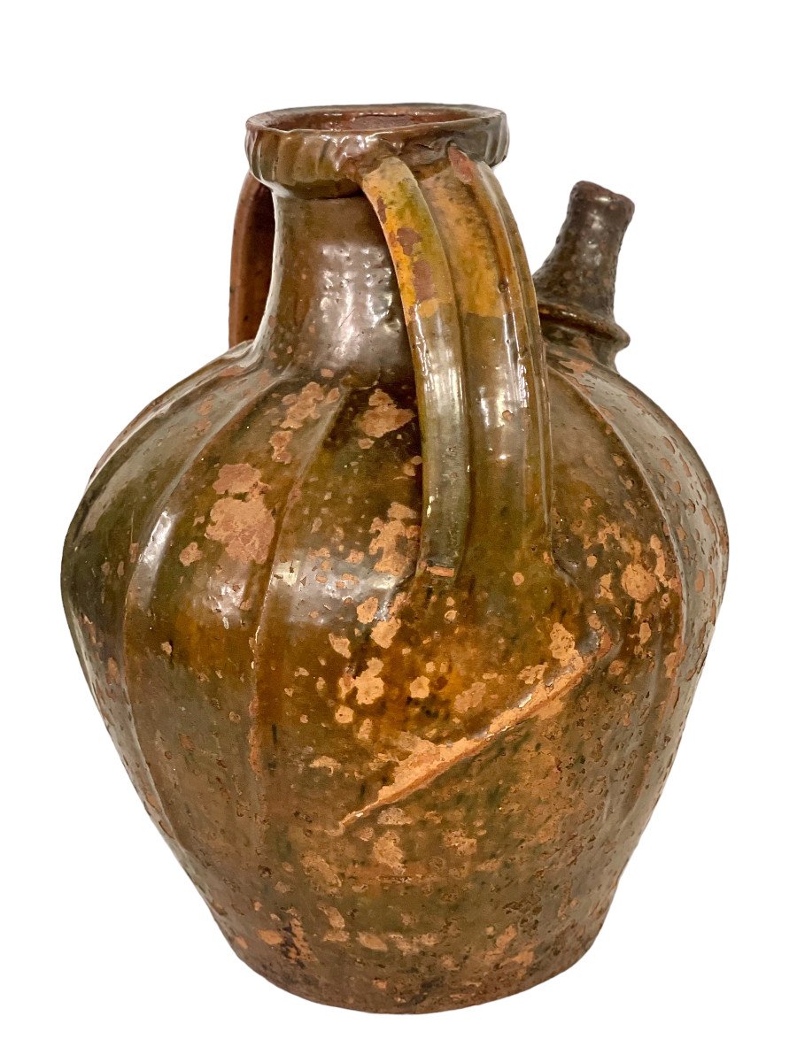 18th C. Large Glazed Terracotta Walnut Oil Jug With Two Side Handles-photo-4