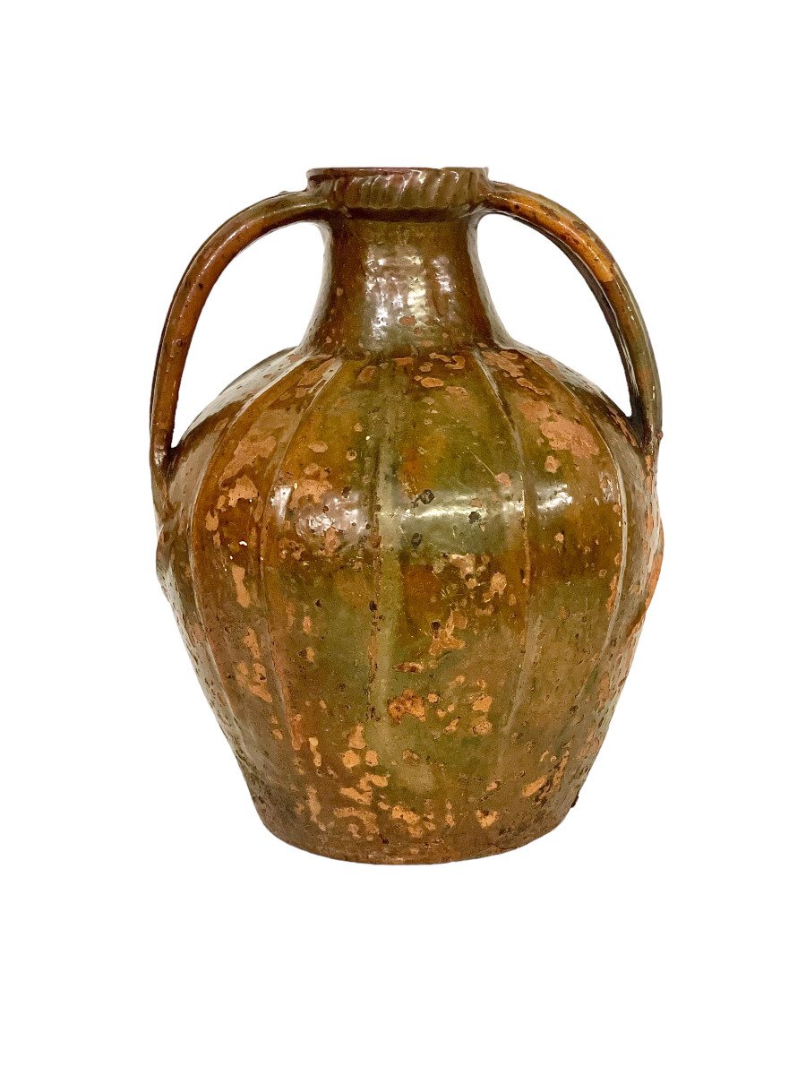 18th C. Large Glazed Terracotta Walnut Oil Jug With Two Side Handles-photo-1