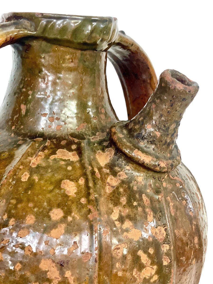 18th C. Large Glazed Terracotta Walnut Oil Jug With Two Side Handles-photo-5