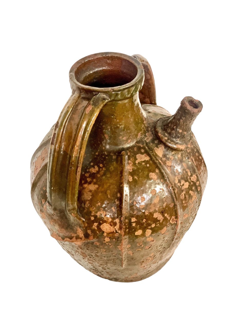 18th C. Large Glazed Terracotta Walnut Oil Jug With Two Side Handles-photo-7