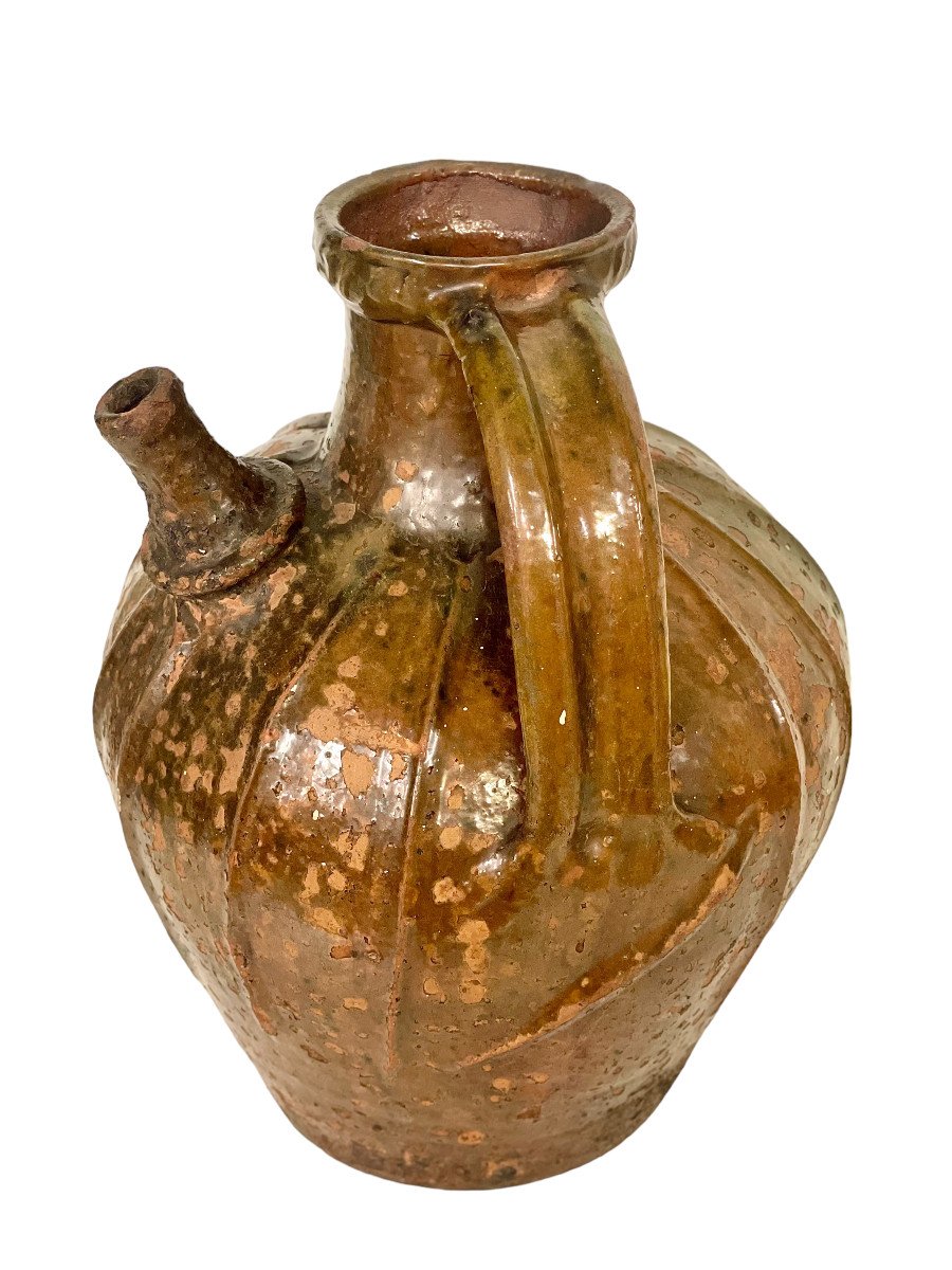 18th C. Large Glazed Terracotta Walnut Oil Jug With Two Side Handles