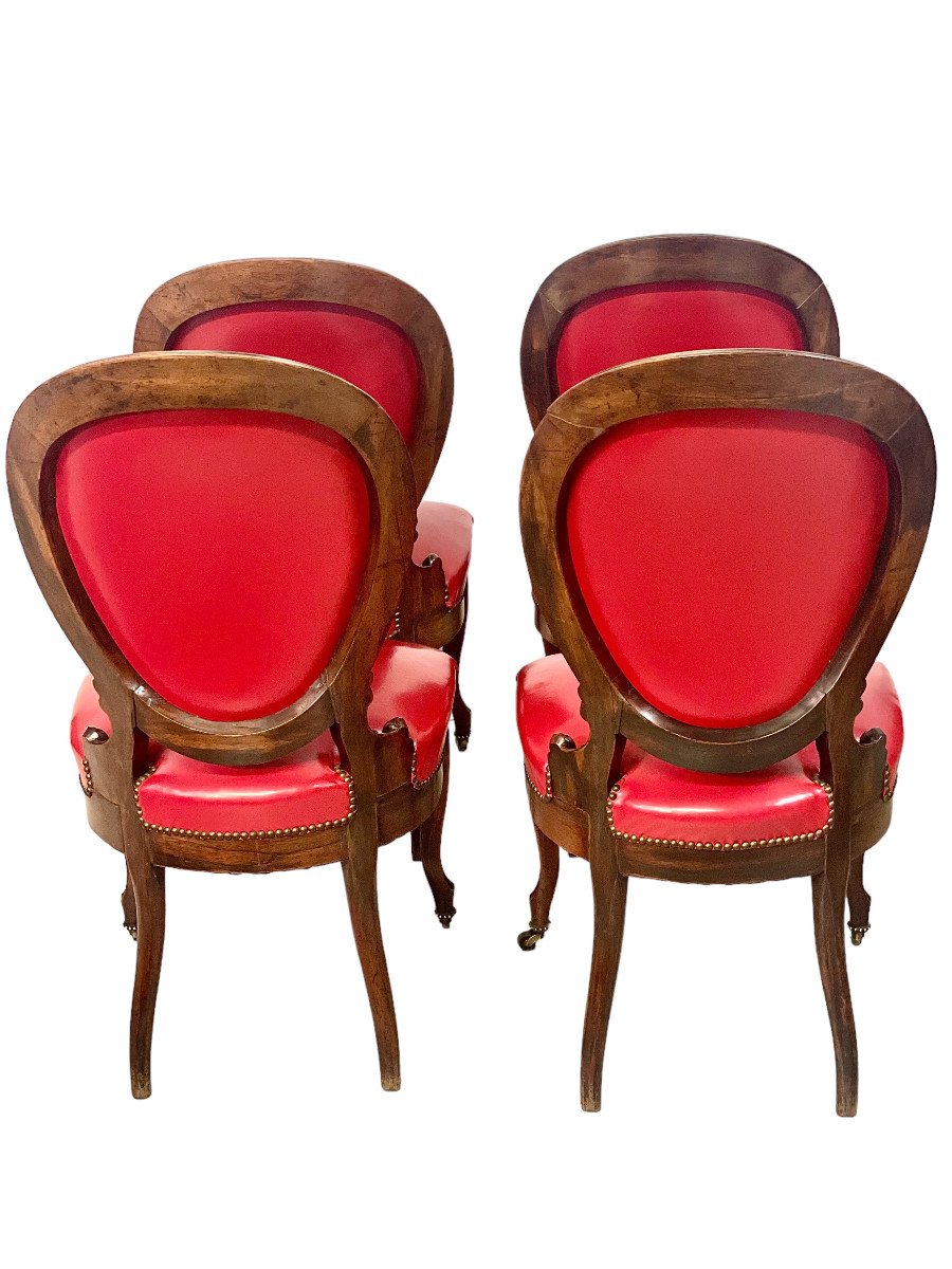 19th Century French Set Of Four Rosewood And Red Leather Dining Chairs-photo-4