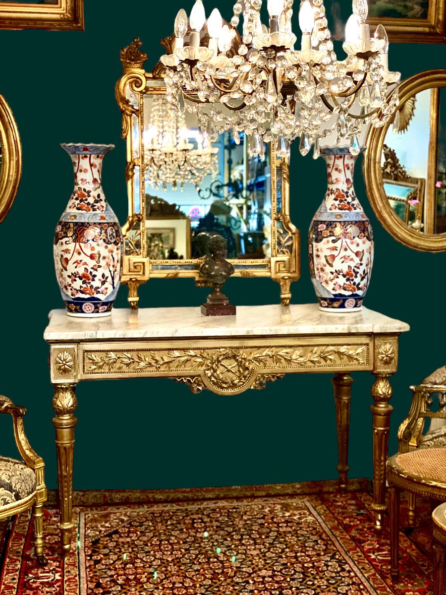 Miroir à Parecloses d'Epoque Louis XVI en Bois Doré avec écusson Orné-photo-8