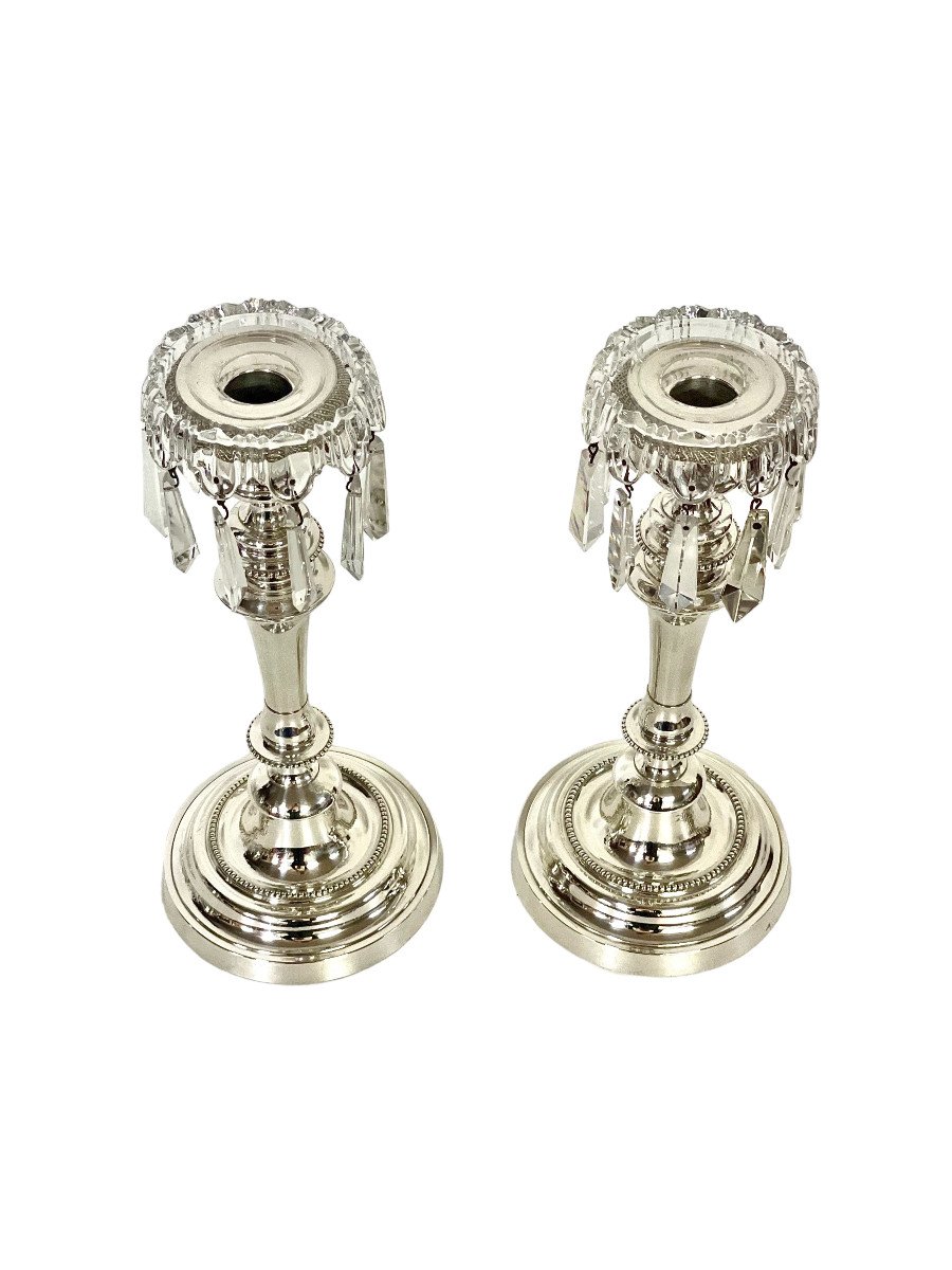 Louis XVI Style Pair Of Silver Plated And Crystal Candle Holders -photo-2