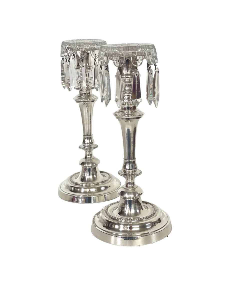Louis XVI Style Pair Of Silver Plated And Crystal Candle Holders -photo-3