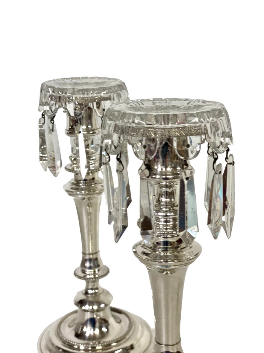 Louis XVI Style Pair Of Silver Plated And Crystal Candle Holders -photo-5